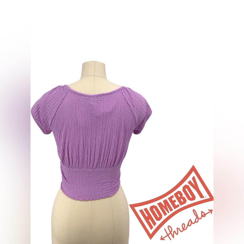 Topshop Purple Ribbed Ruched Cap Sleeve Crop Top - Picture 2 of 3